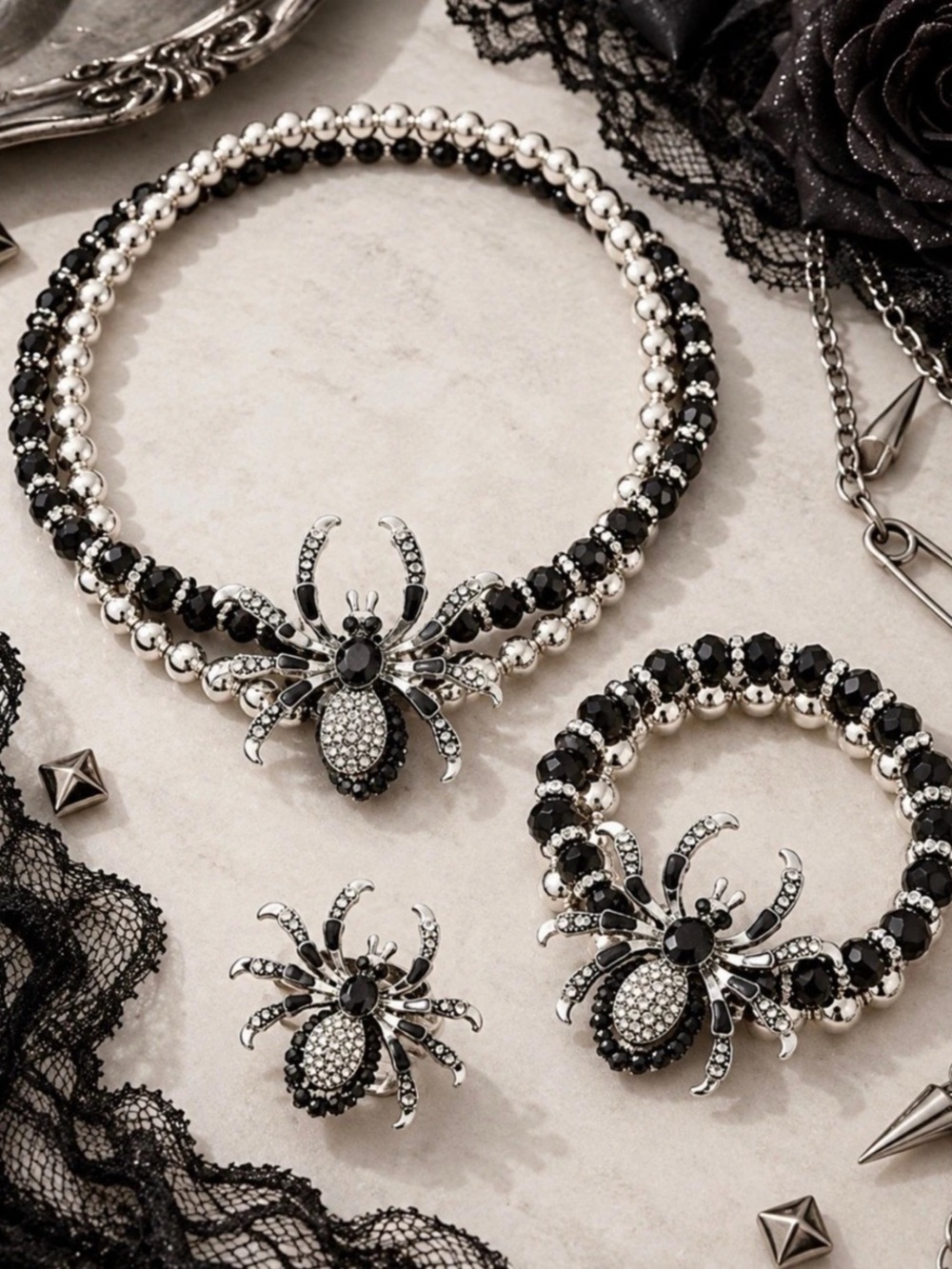 NEW 3 pcs Spider Necklace Bracelet Ring set